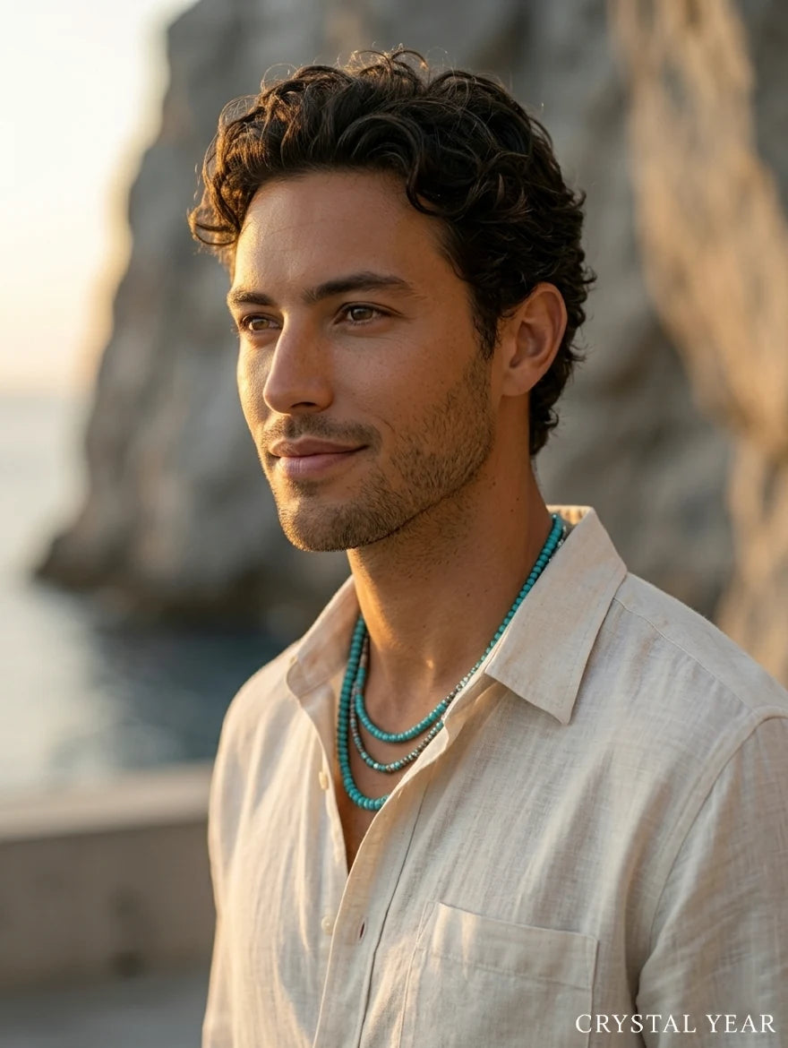 Stillwater Turquoise Layered Necklace — worn with linen shirt